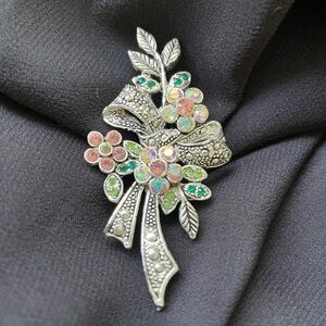 Silver Tone Brooch with Bow Pink and Green Floral Design